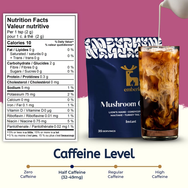 Emberk Organic Instant Mushroom Coffee - 35 Servings of Arabica Coffee with Six 100% Fruiting Body Mushrooms for Mental Clarity, Sustained Energy, Gut Health and Immune Support - 70g - Image 2